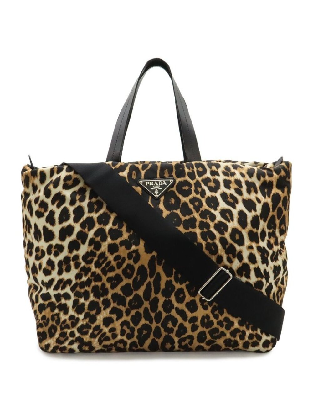 Prada Leopard Print Tote Big 2-Way Shoulder Bag Crossbody Nylon Leather Black